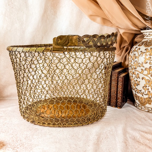 1960's French Woven Chain Link Large Brass Basket - Picture 1 of 7